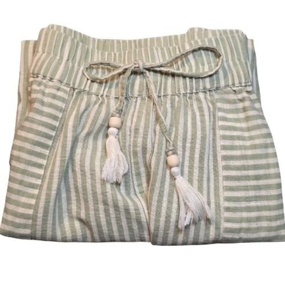 Salty Lemon Pants - Salty Lemon Sage Green White Striped Wide Leg 100% Cotton Linen Pants Coastal